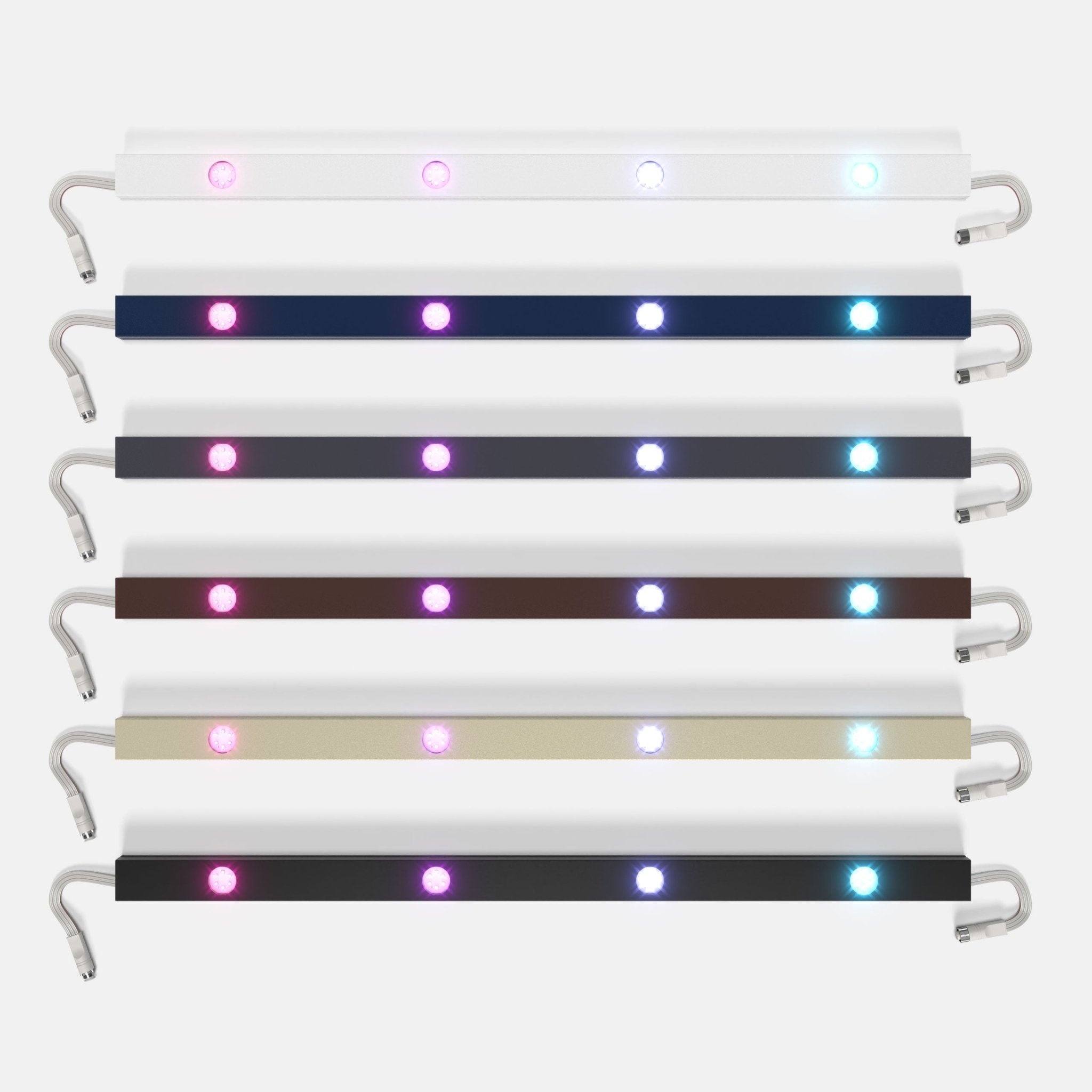 Aluminum channel with installed lights shown in white, navy, gray, brown, beige, and black.
