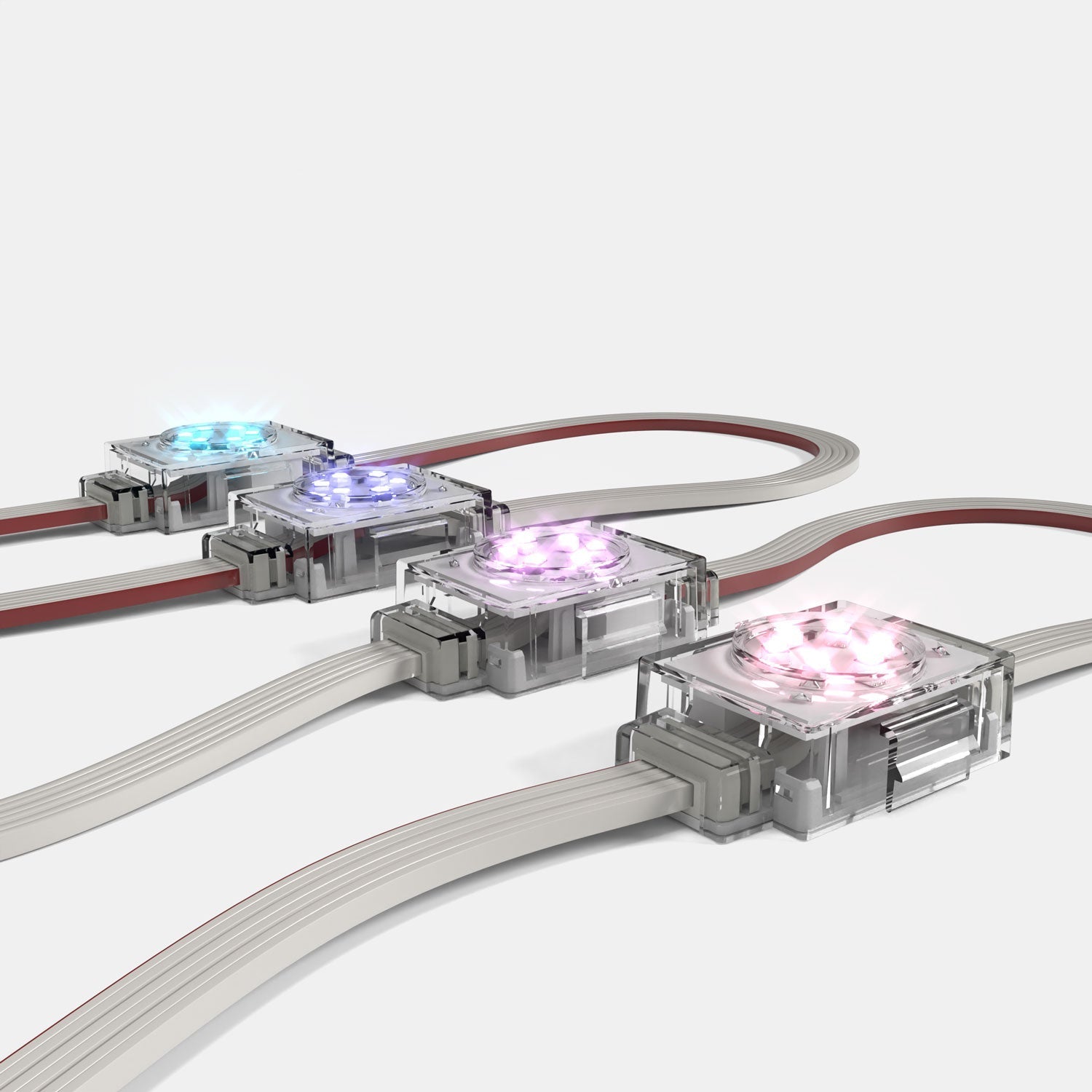 RGBW nodes lit in cyan, blue, pink, and white, showing color control.