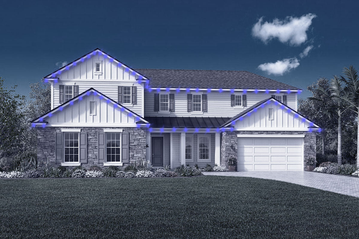 Wide two-story with stone and siding—roofline light placement across long runs.