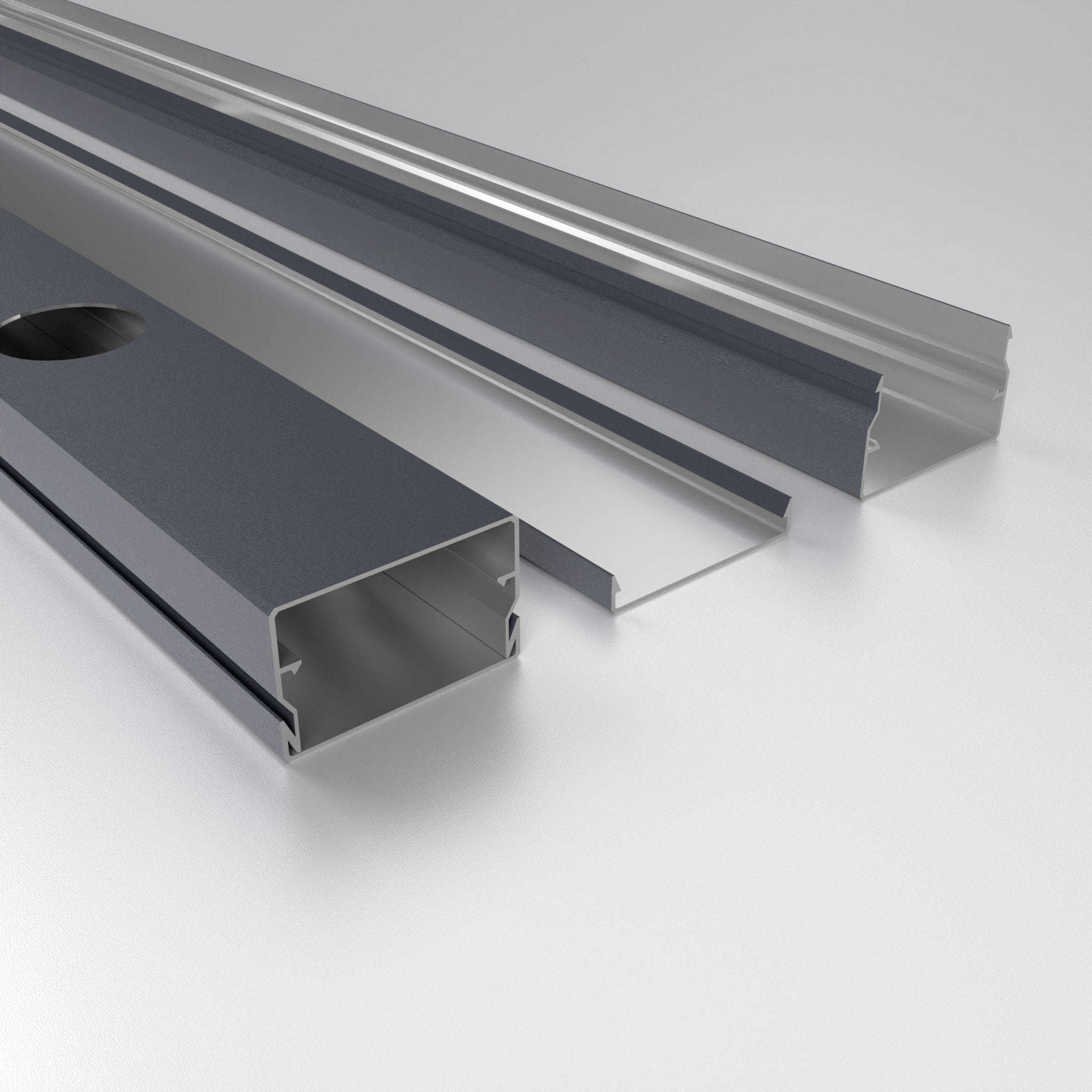 Two-piece and flanged aluminum channels—exploded view of profiles and snap cap.