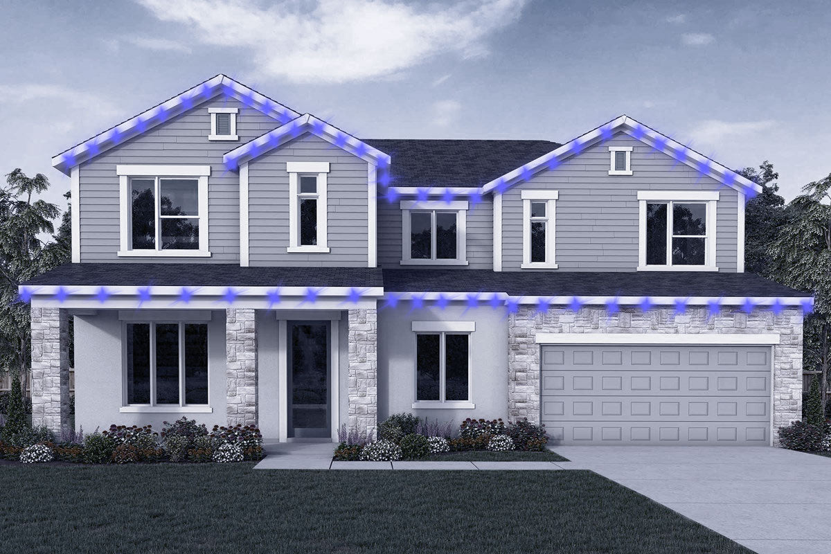Large two-story with stone facade—example roofline light spacing along eaves.