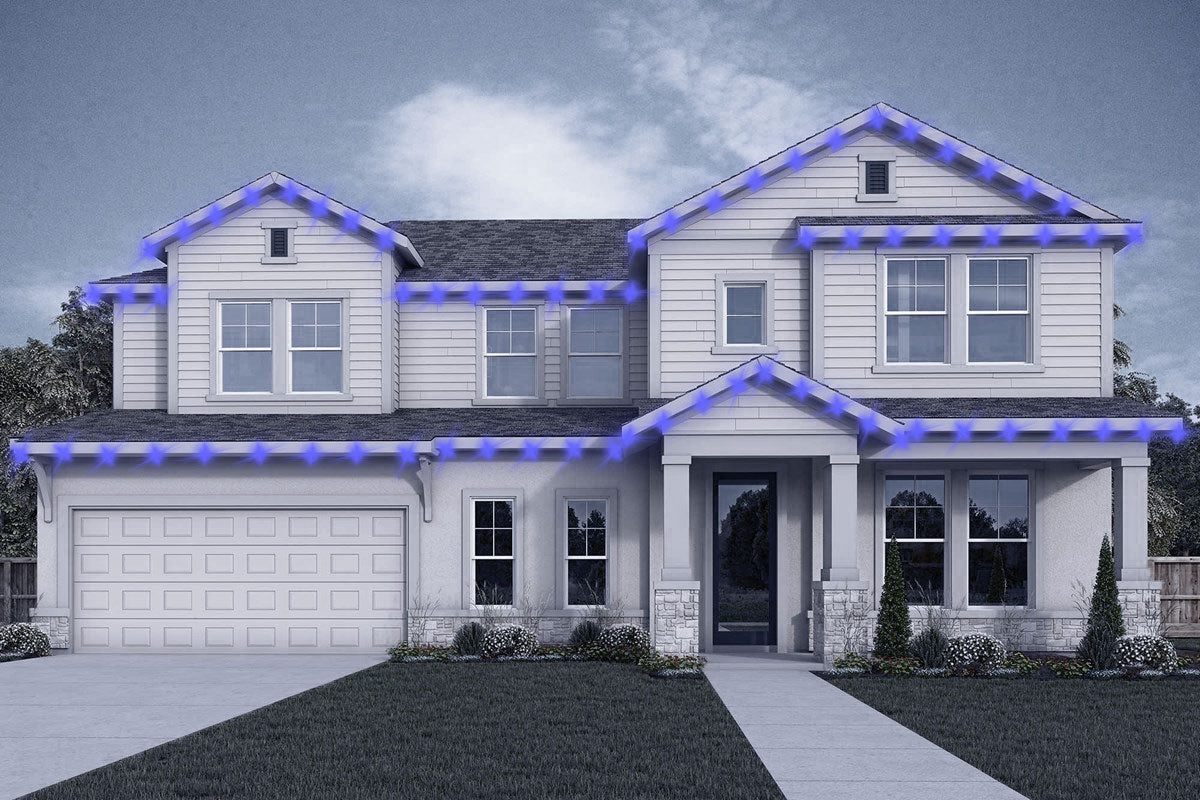 Two-story elevation with multiple gables—roofline light layout example.