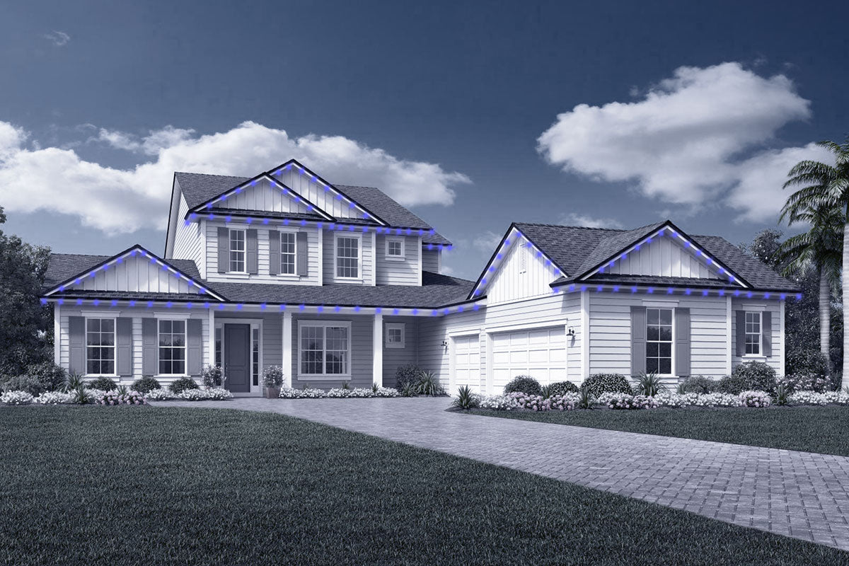 Two-story with detached wing—roofline lights wrapping around multiple elevations.