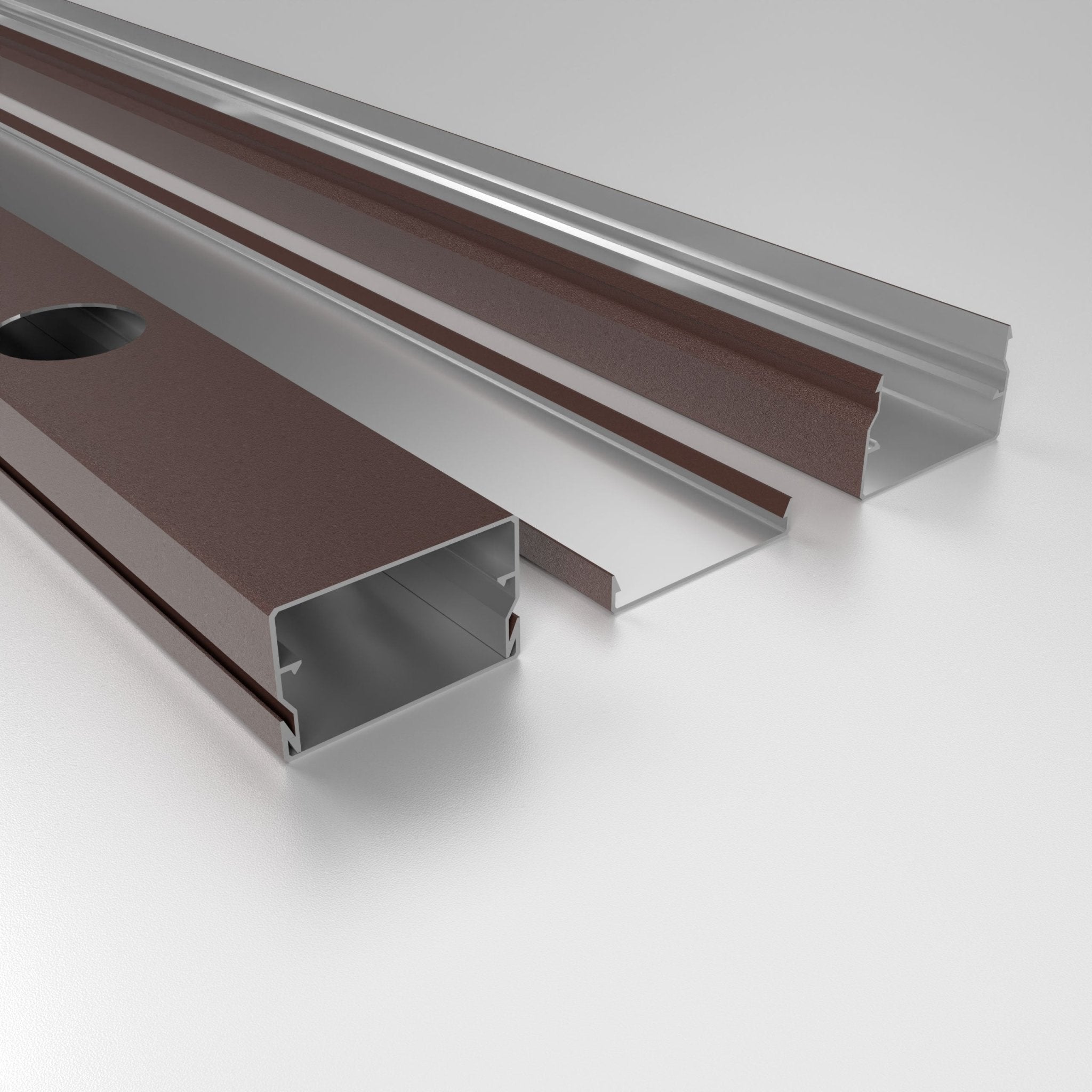 Brown powder-coated aluminum channel components for roofline lights.