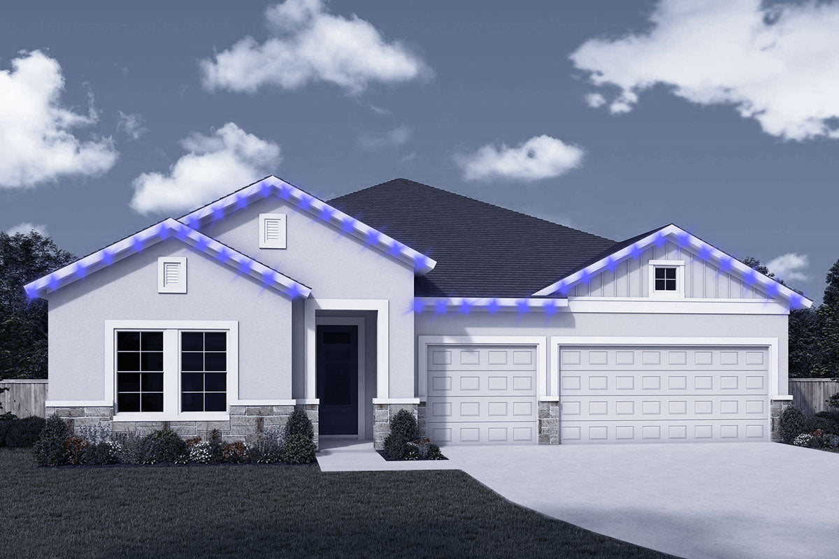Wide ranch elevation—roofline lights illustrated along entire eave line.