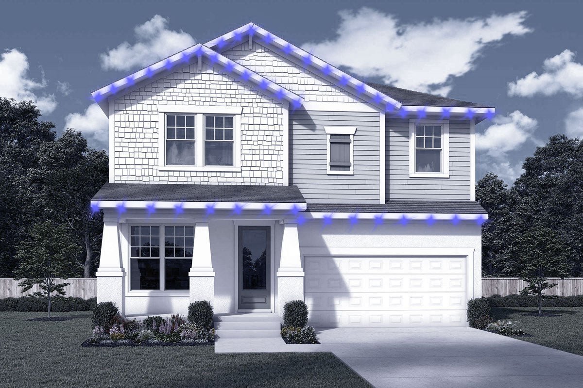 Two-story home—roofline lights placement along lower and upper eaves.