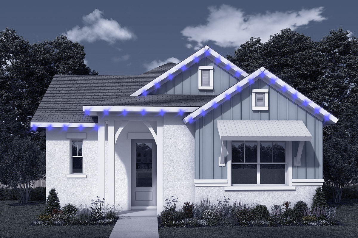 Single-story farmhouse elevation with roofline lights shown at each soffit position.