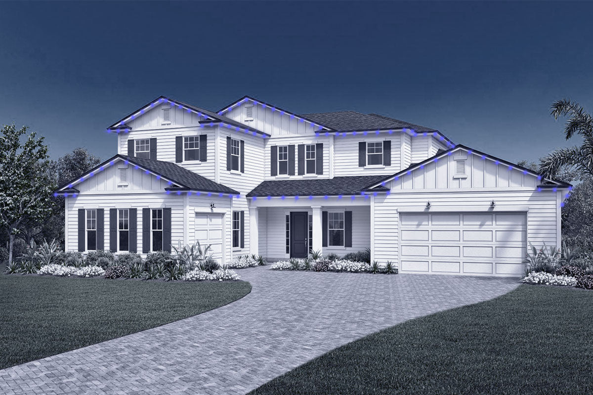 Large two-story with curved driveway—roofline lights illustrated around perimeter.