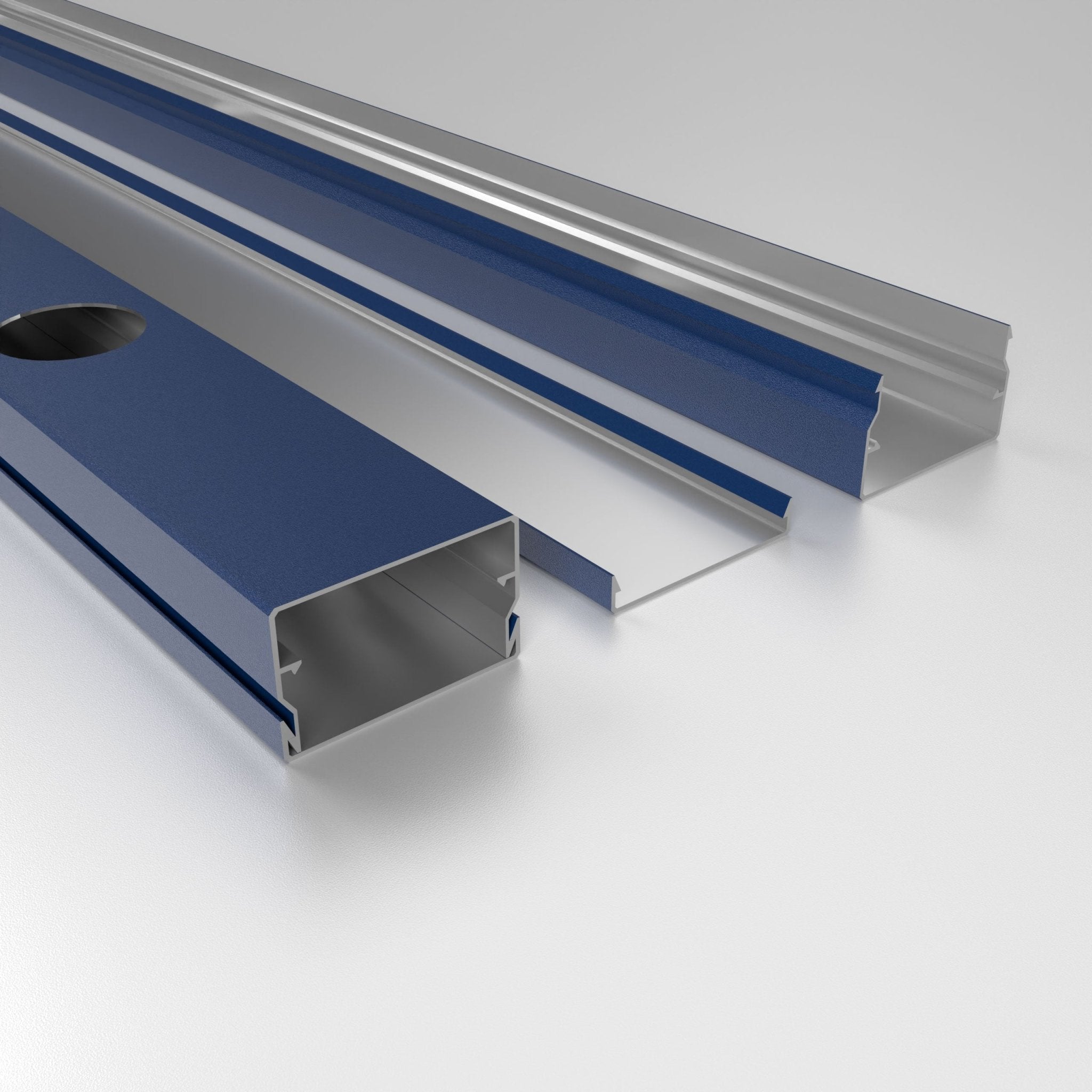 Navy powder-coated aluminum channel components for roofline lights.